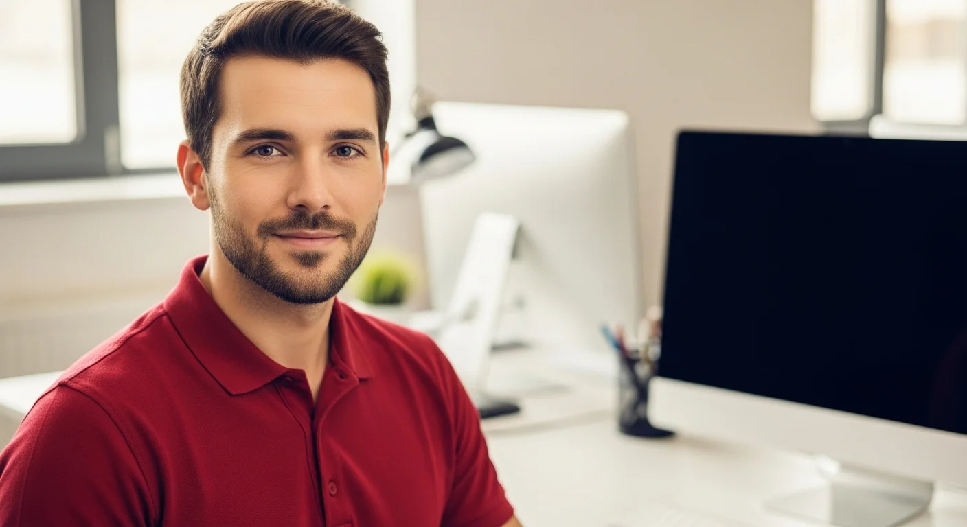 IT professional in red polo at his home office workstation